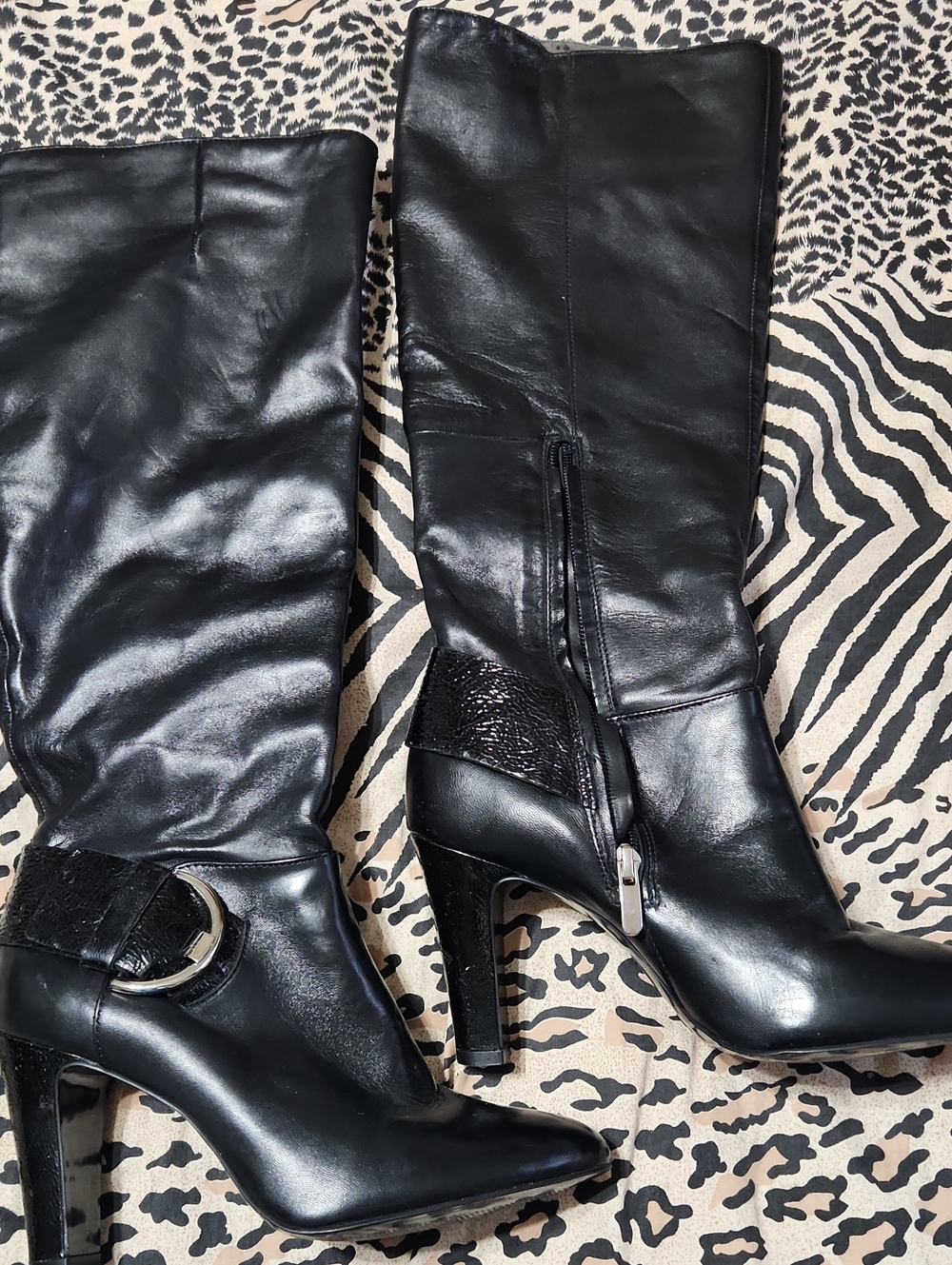 Gianni Bini Black Faux Leather Knee-High Heeled Boots with Buckle Detail